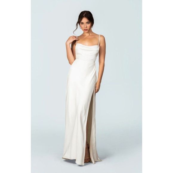 NWT Fame and Partners Rosabel Ivory Strappy Draped Gown, Formal Maxi Dress - Picture 1 of 5